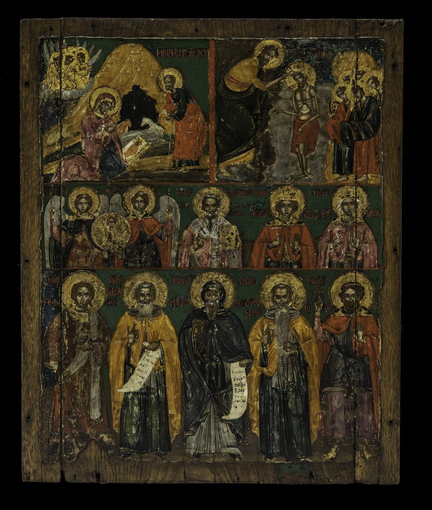 Η Γέννηση και η Βάφτιση του Χριστού, Αρχάγγελοι κ.ά., 18ος αι. Εκκλησιαστικό Βυζαντινό Μουσείο Μυτιλήνης.